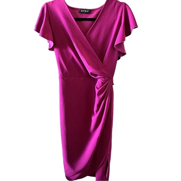 NWT Women's Ruffle Sleeve V Neck Bodycon Faux Wrap Party Dress Side Ruch… - Picture 5 of 6